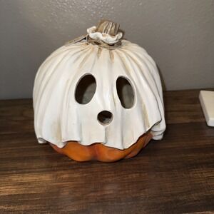 New Toil & Trouble Halloween Pumpkin With Ghost Mask  LED Light Up Larger One